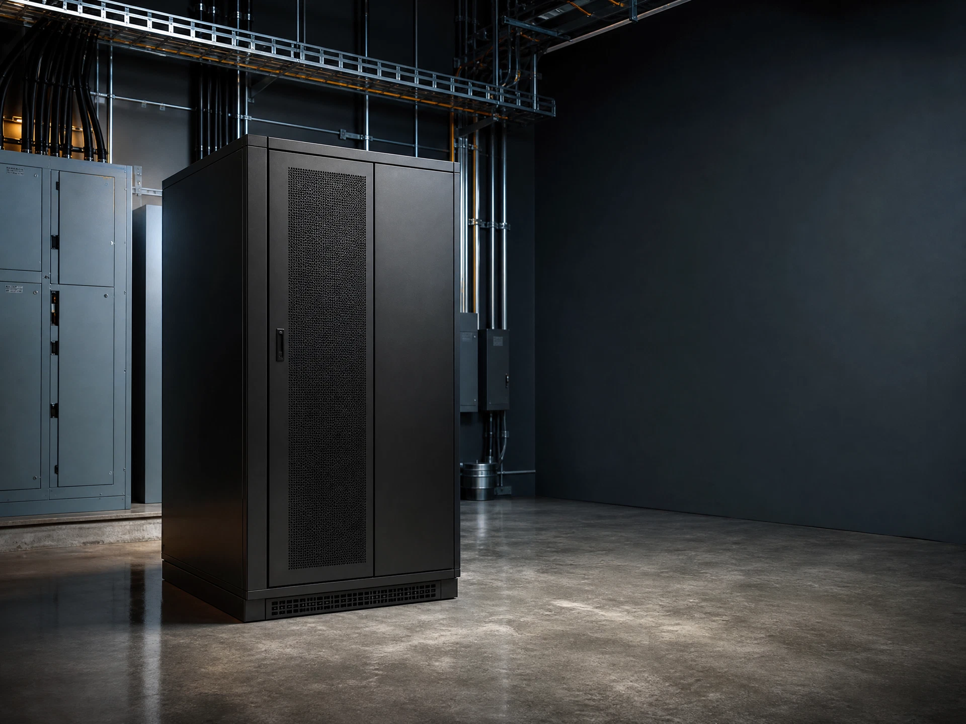 Unbranded commercial three-phase UPS cabinet in a clean industrial power room